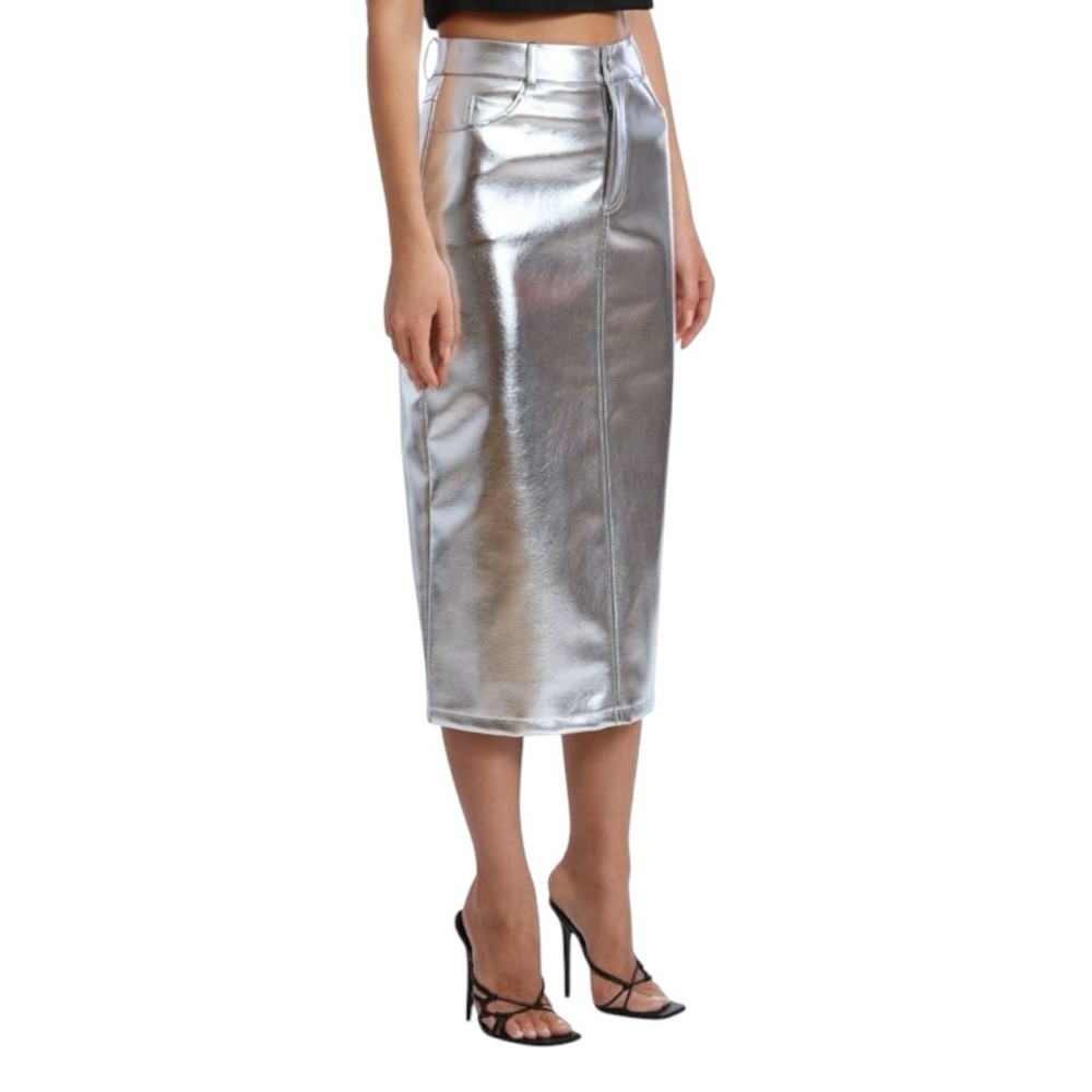NWOT AVEC LES FILLES Metallic Faux Leather Midi Skirt SZ S - Picture 6 of 7